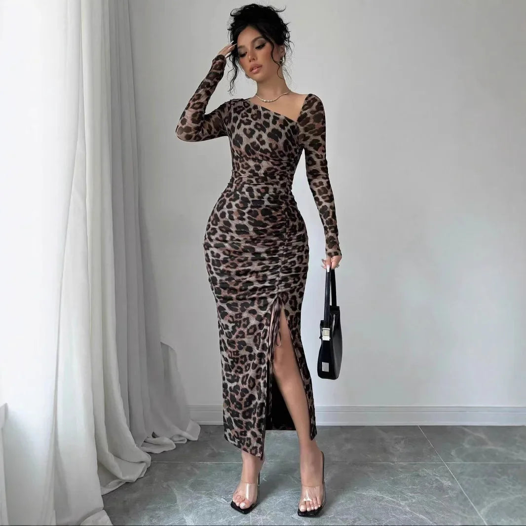 Sexy Leopard Print Women's Dresses Fashion Ruffled Sexy Slit Party Dress For Women Spring Summer  Bodycon Package hip Vestidos