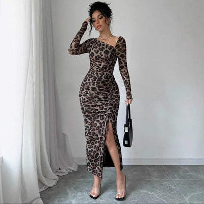 Sexy Leopard Print Women's Dresses Fashion Ruffled Sexy Slit Party Dress For Women Spring Summer  Bodycon Package hip Vestidos