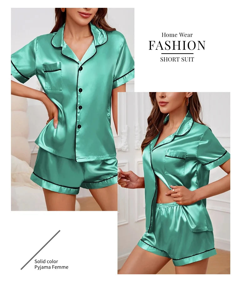 Women's Sleepwear Silk Satin Pajamas Set Button-Down Pyjama Shorts Suit Pijama Femme Loungewear Pj Sets Solid Color Home Clothes