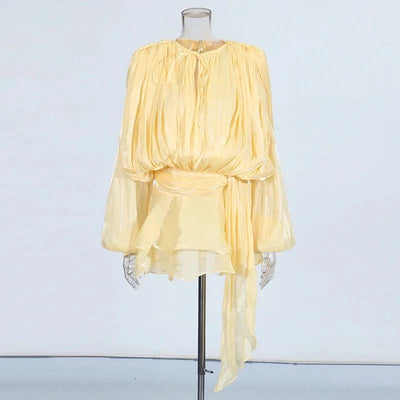 TWOTWINSTYLE Solid Spliced Lace Up Loose Dresses For Women O Neck Long Sleeve High Waist Temperament Dress Female Fashion New