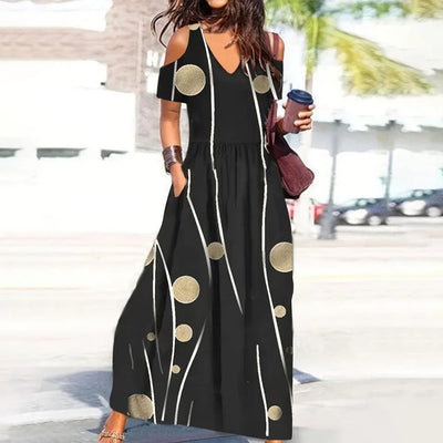 Women Summer Dress Flower Print Hollow Out Short Sleeves V Neck Dress-up Pleated Off Shoulder Soft Maxi Dress Women Clothes