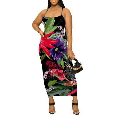 Summer Sleeveless Midi Dress Women Bodycon Floral Print Casual Spaghetti Strap Slim Fit Holiday Beach Wear