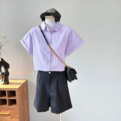 Women Clothing Summer Fashion Casual Button Solid Color Polo Collar Female Simplicity Temperament Appear Thin Short Sleeve Tops