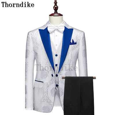 Thorndike Classic White Groom Tuxedo Groomsmen One Buttons Royal Blue Peaked Lapel Best Man Suit Wedding Men's Blazer Costume