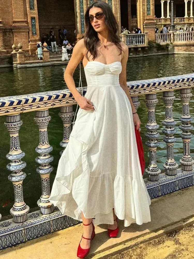 ZBZA Women's Tiered Poplin Dress Sweetheart Neckline Adjustable Bow Straps Sleeveless Camisole Midi Dress New Female Chic Dress