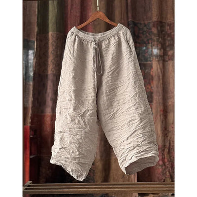 Women Cotton Linen Natural Fabric Pants Femme Elastic Waist Drawstring Summer Fashion Japanese Casual Pants Wide Leg Trousers