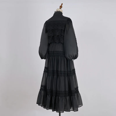 Luxury Long Dresses Women 2025 Spring Summer Embroidery Ruffle Lace Pearl Hollow Out Party Midi Dress Shirt Full Sleeve Vestidos