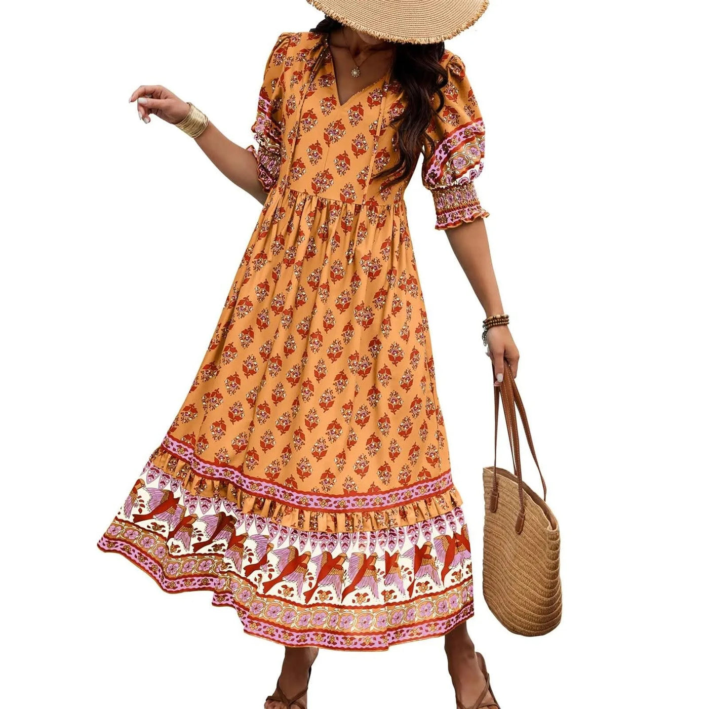dresses for women Fashion summer Casual long dresses Bohemian V-Neck Printed High Waisted Big Swing Dress vestidos cortos