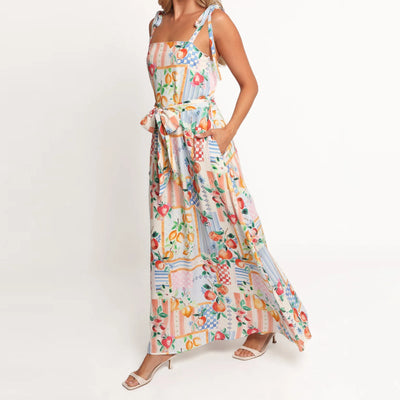 Women Slip Dress Spaghetti Straps Backless Fruit Flower Print Swing Dress Summer Long Dress with Belt for Cocktail Party