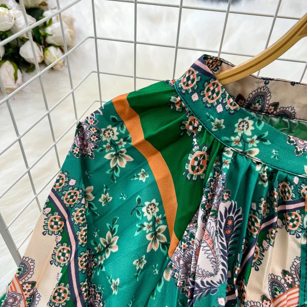 Retro Elegant Sashes O Neck Single Breasted Print Dresses Long Lantern Sleeves A-line Casual High Waist Women Autumn Clothing