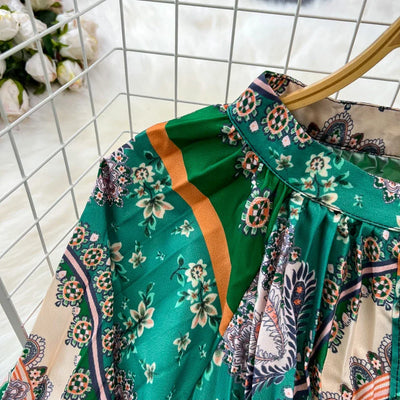 Retro Elegant Sashes O Neck Single Breasted Print Dresses Long Lantern Sleeves A-line Casual High Waist Women Autumn Clothing