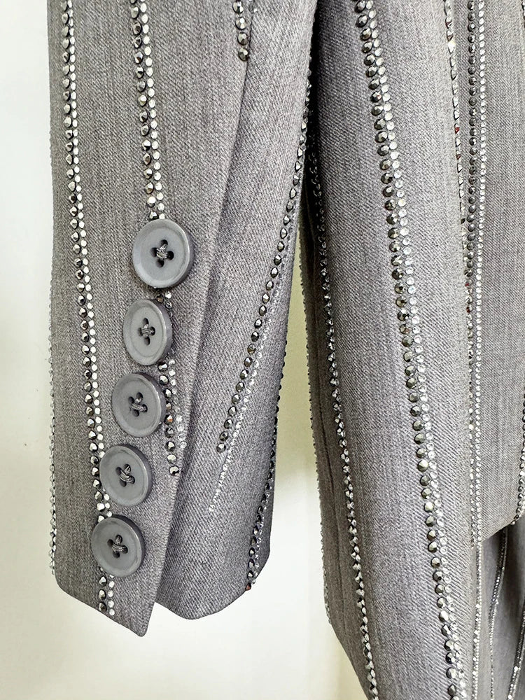 Women Pants Two Piece Sets Women Gray Rhinestone Single Button Blazer + Sparkle Striped Diamonds Pants Suits Evening Party Club