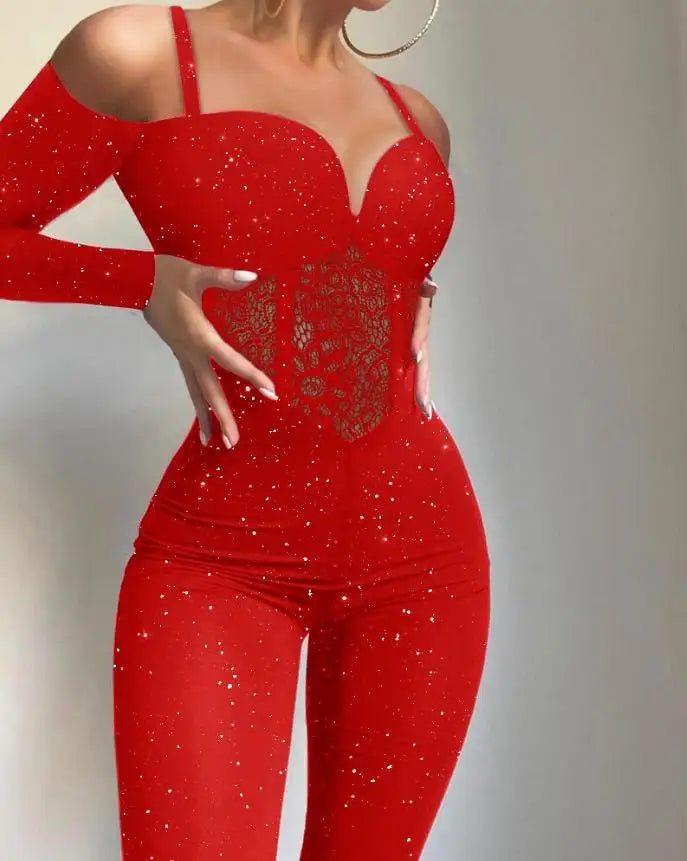 Sexy Party Night Out Jumpsuit Women Elegance 2022 Plain Glitter Cold Shoulder Long Sleeve Contrast Lace Corset Skinny Jumpsuit
