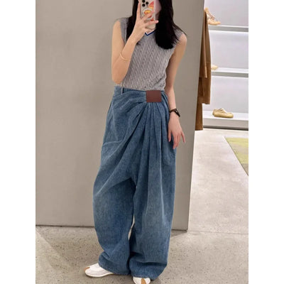 American Wide Leg Denim Pants For Women In Spring And Autumn Fashionable Pleated Design Loose Floor Length Pants