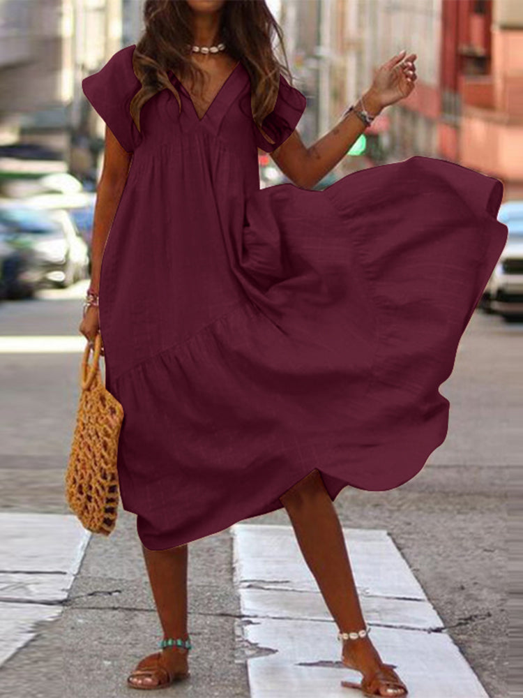 Bohemian Summer Dress for Women V Neck Vestidos Ladies Streetwear Solid Ruffle Dresses Asymmetrical Loose Robe Women Clothing