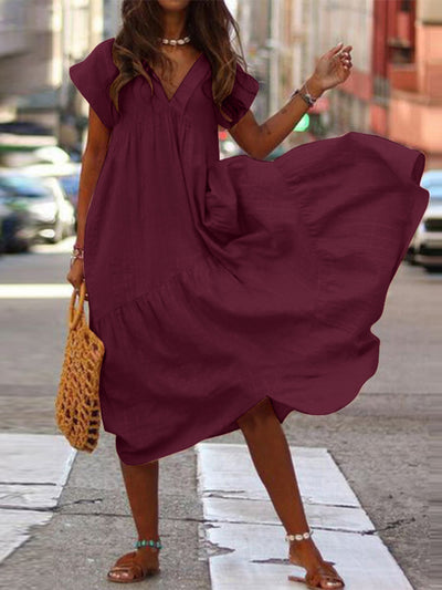 Bohemian Summer Dress for Women V Neck Vestidos Ladies Streetwear Solid Ruffle Dresses Asymmetrical Loose Robe Women Clothing