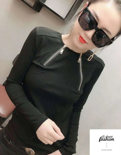 Zipper Deco Women T-shirts Femme Strechy Cotton T-shirts Lady Zipper Pullovers Tp[s