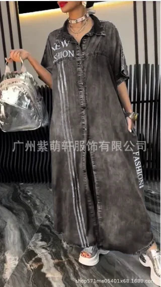 Denim Dress Women Long Dresses Letter Print Vestidos Single Breasted Turn Down Collar Distressed Maxi Gown Summer A Line