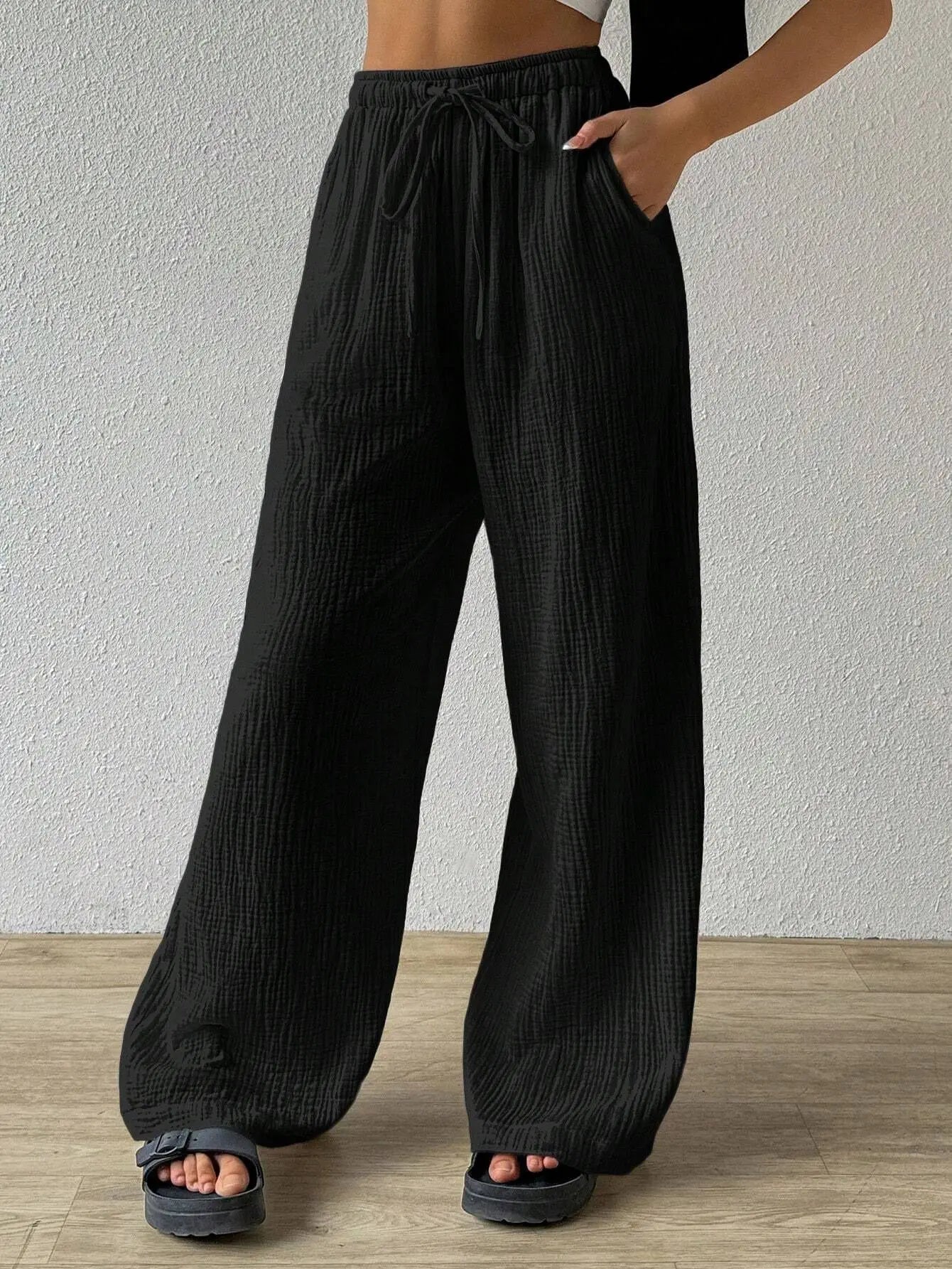 Wide Leg Floor Length Pants Women Drawstring Pant Loose Y2k Streetwear Capris Pockets Casual Sports Summer High Waist Basics