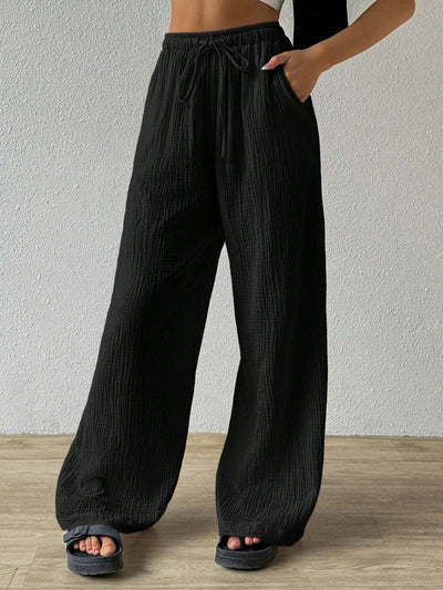 Wide Leg Floor Length Pants Women Drawstring Pant Loose Y2k Streetwear Capris Pockets Casual Sports Summer High Waist Basics