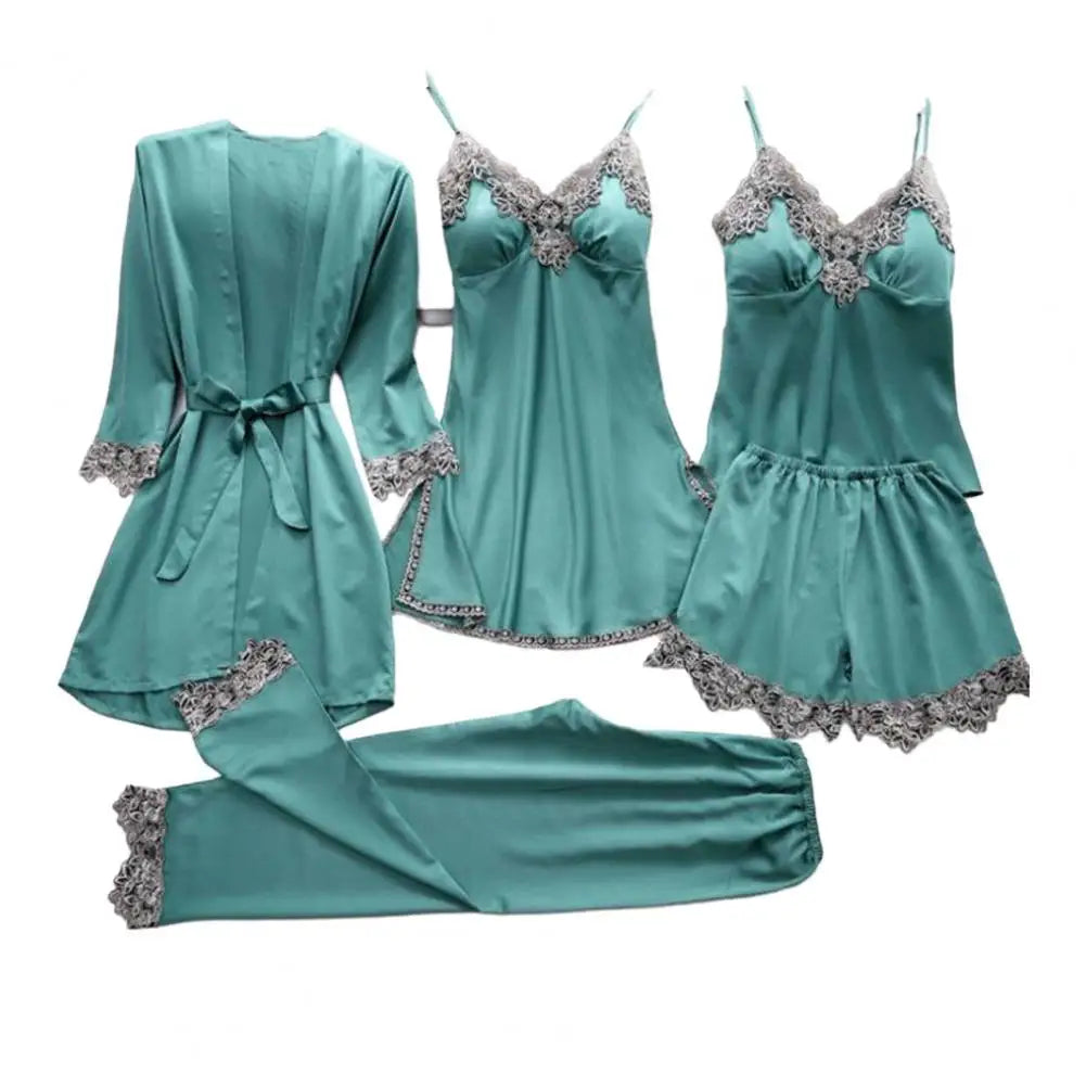 5-piece Loungewear Set Silky Satin Lace Patchwork Women's Pajamas Set with Top Shorts Pants Loose Lace-up Waist Homewear
