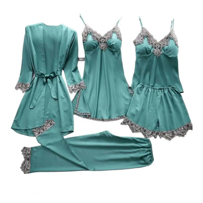 5-piece Loungewear Set Silky Satin Lace Patchwork Women's Pajamas Set with Top Shorts Pants Loose Lace-up Waist Homewear