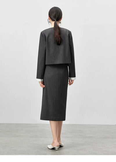 SENTUBILA Two Piece Skirt Sets Women Outfits 2025 Spring Office Ladies V Neck Grey Blazer Jackets Straight Slit Skirt 143Z56241