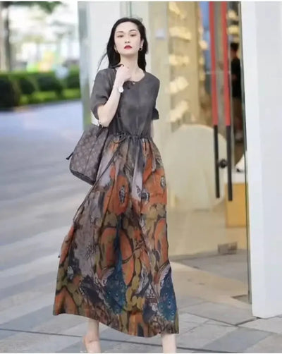 Fashionable Dress for Women 2025 Summer New Retro Drawstring Waist-hugging Long A-line Skirt
