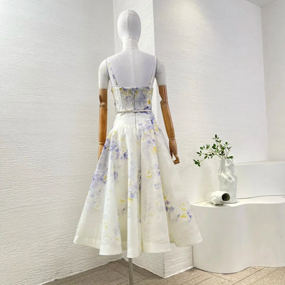 Overlap Pleats 2025 New Floral Print Linen Silk High Quality Spring Summer Sleeveless Shirred Strapless Women Midi Dress