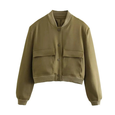 Women Fashion Solid Bomber Jackets Coat With Pockets V-Neck Single Breasted