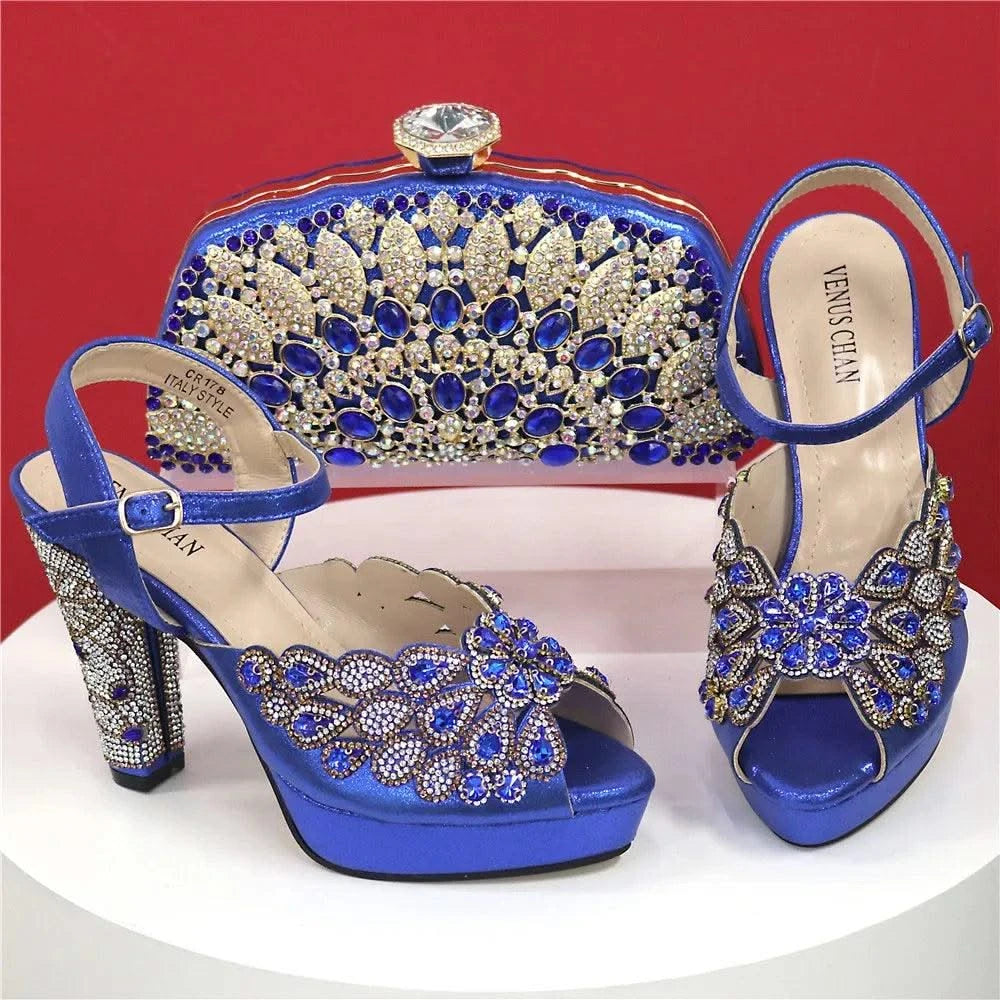 Embroidery Italian Design Pointed-Toe High-heeled Shoes and Bags Set for Women