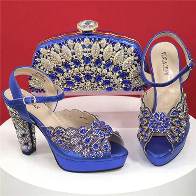 Embroidery Italian Design Pointed-Toe High-heeled Shoes and Bags Set for Women