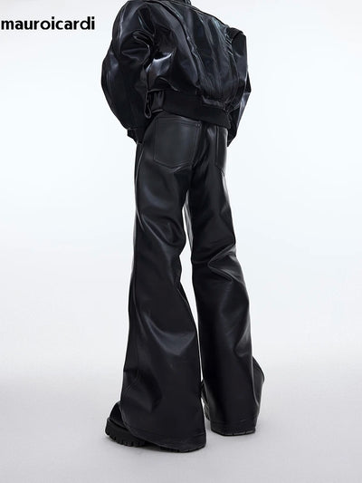 Mauroicardi Autumn Cool Handsome Long Black Matte Baggy Pu Leather Wide Leg Pants for Men High Waist Emo Luxury Designer Clothes