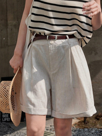 Summer Korea Style Lazy Linen Curled Bermuda Shorts Wide Leg Loose Slim Casual Hot Pants For Women