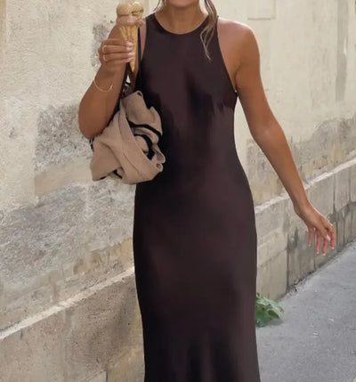 Women's Elegant Satin Sleeveless Midi Dress Fashion Solid Color O Neck Slim Fit Dresses Female Stylish Street Party Vestido 2024