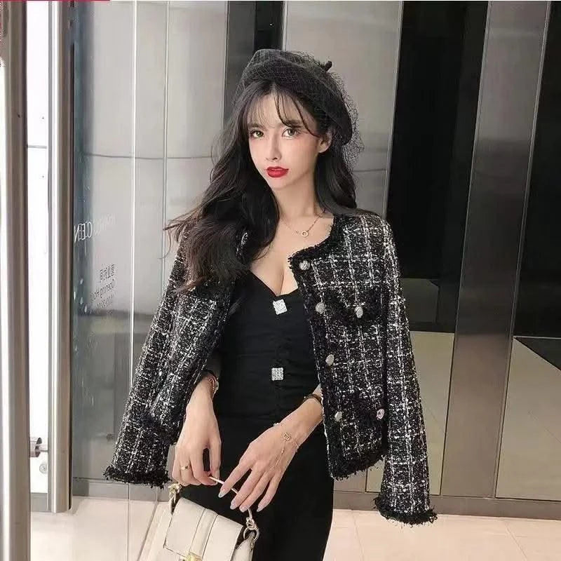 Luxury Tweed Jacket Women Coat Long Sleeve Tweed Blazer Crop Jacket Short Tops Plaid Pockets Office Ladies Clothing New