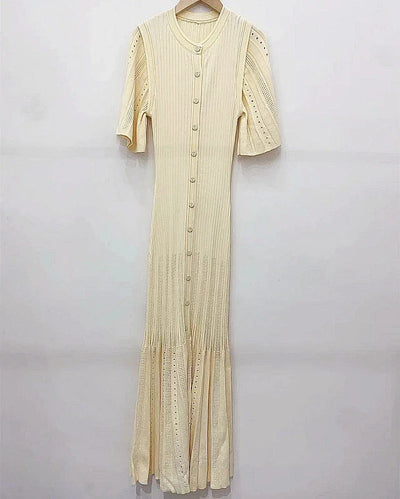 Classic Style Single Breasted Knitted Women Midi Dress O Neck Short Sleeve Hollow Out Spliced Lady Fishtail Dress