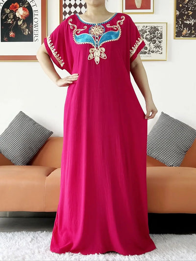 New Dubai Lady Party Summer Solid Cotton Dress with Scarfs African Dashiki Women Maxi Cotton Embroider Loose Vestidos