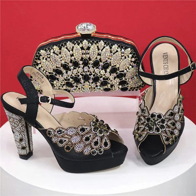 Embroidery Italian Design Pointed-Toe High-heeled Shoes and Bags Set for Women