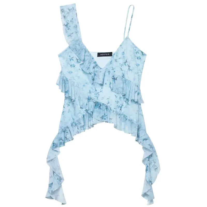TRAF Leopard Crop Tops For Women Ruffle Sleeveless Printed Tops Summer Backless Tulle Camisole Top Woman Sexy Asymmetrical Top
