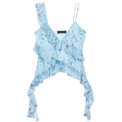 TRAF Leopard Crop Tops For Women Ruffle Sleeveless Printed Tops Summer Backless Tulle Camisole Top Woman Sexy Asymmetrical Top