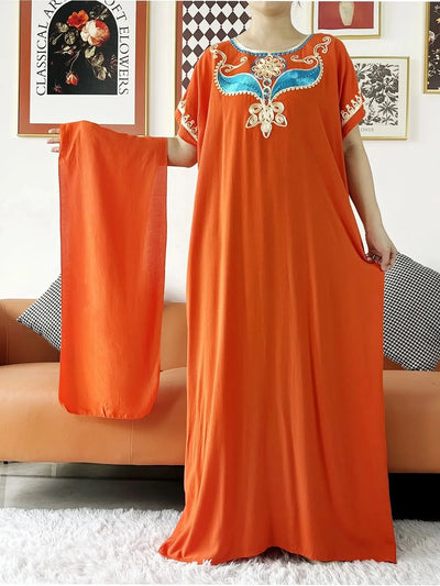 New Dubai Lady Party Summer Solid Cotton Dress with Scarfs African Dashiki Women Maxi Cotton Embroider Loose Vestidos