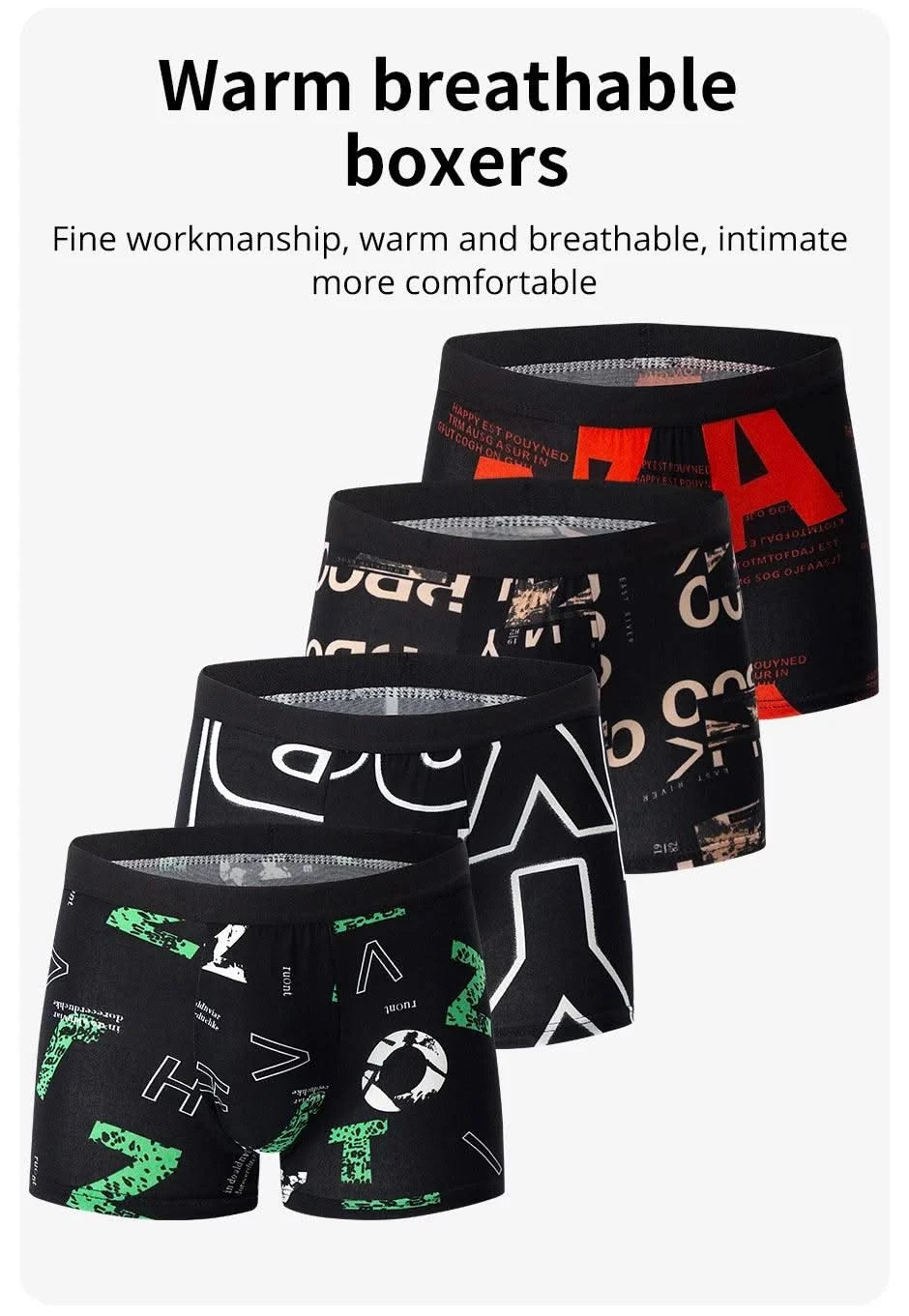 4-piece men's printed letter underwear beach shorts comfortable breathable teenagers plus size underwear up to 6XL.