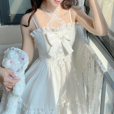 2025 Vestidos De Mujer Cute Summer Dresses for Women Lolita Style Japanese Sweet Robe Femme Bandage Bow Ruffles White Dress