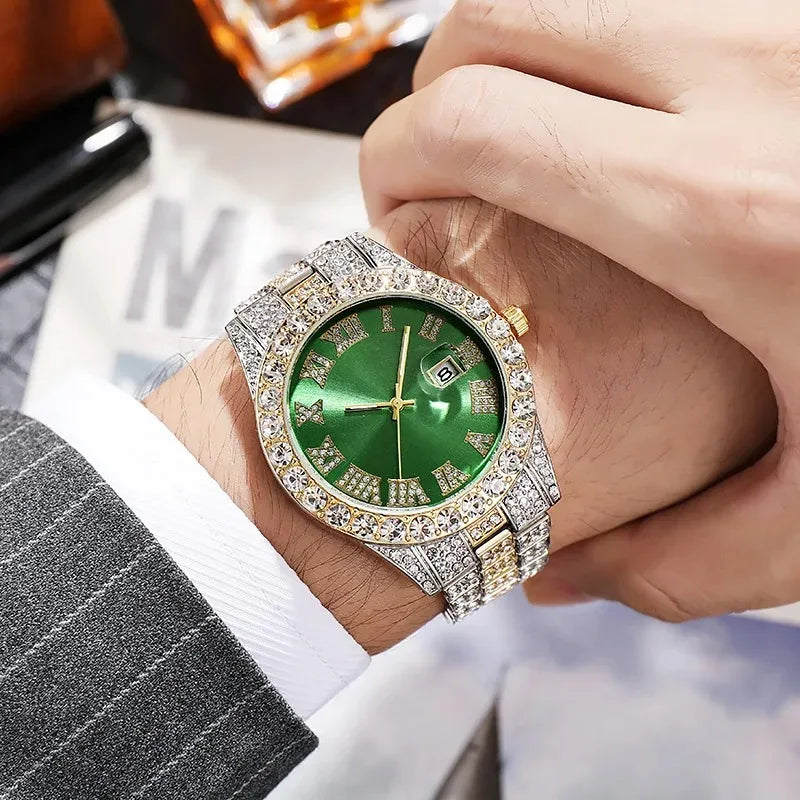 Personalized Hip Hop Watch with Shiny Rhinestones for Men, Luxury Clock, Band Length, Iced Steel Belt, 40mm Diameter Glass Dial