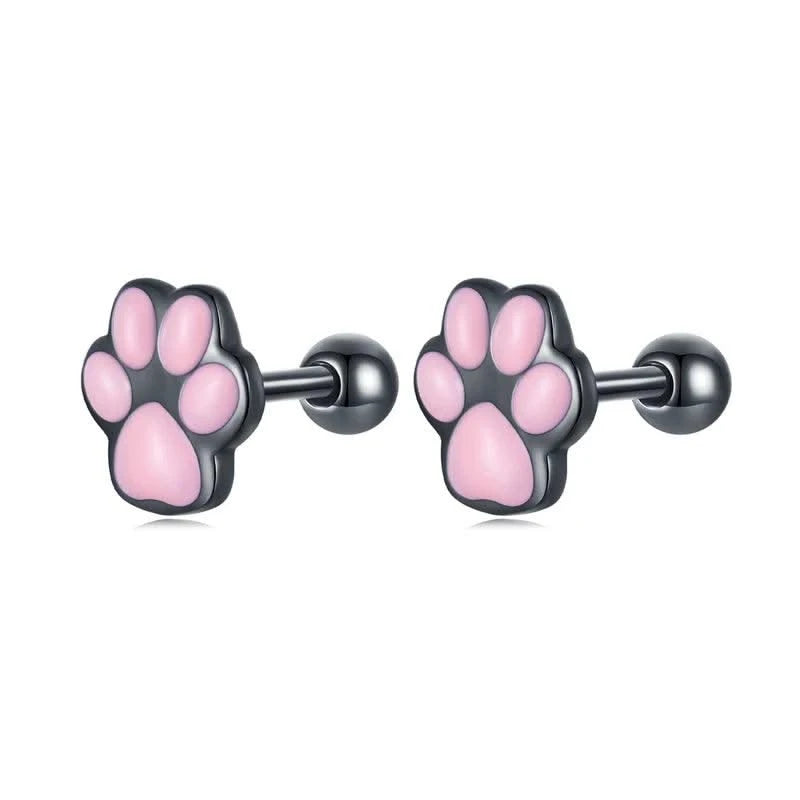 WOSTU Real 925 Sterling Silver Cat Ear Hoop Earrings For Women Lovely Pink Cute Pet Paw Studs Clips Girl Unique Jewelry Gift
