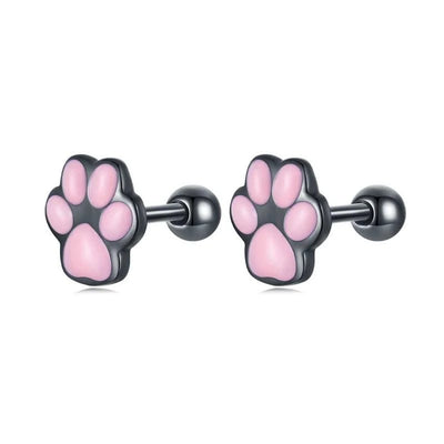 WOSTU Real 925 Sterling Silver Cat Ear Hoop Earrings For Women Lovely Pink Cute Pet Paw Studs Clips Girl Unique Jewelry Gift