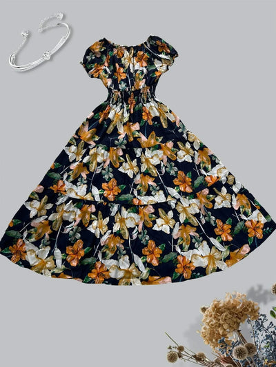 Women's Floral Summer Fashion Women's Print One-line Shoulder Dress Summer Beach Vacation Dress Causul Dress for Women