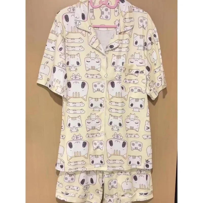 Women's Sleepwear Lounge Pajama Sets Summer Cartoon Print Cute Loose Pajamas Set Home Clothes Short Sleeves Top and Shorts Set