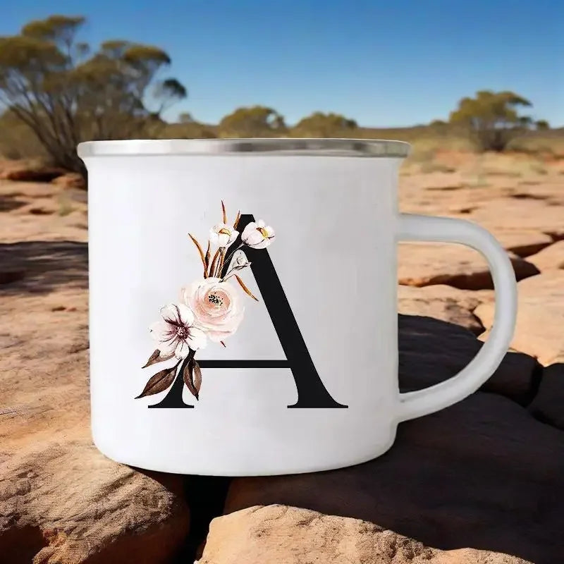 Initial Letter Print Mugs Enamel Creative Coffee Cups Drinks Wine Juice Milk Cup Vintage Home Office Handle Drinkware Best Gifts
